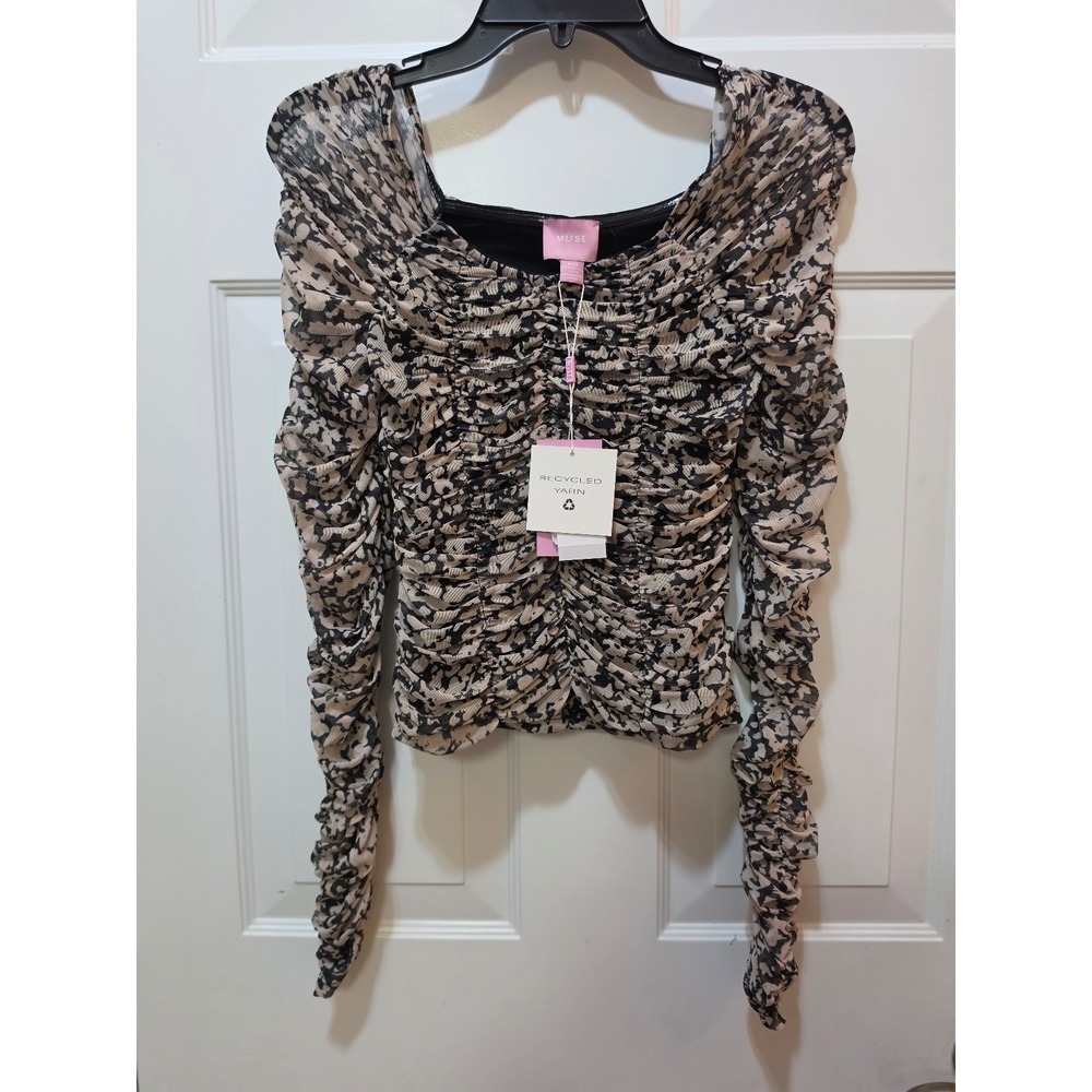 NWT MUSE Republic Clothing Leopard Print Ruched Mesh Top Tan Black M